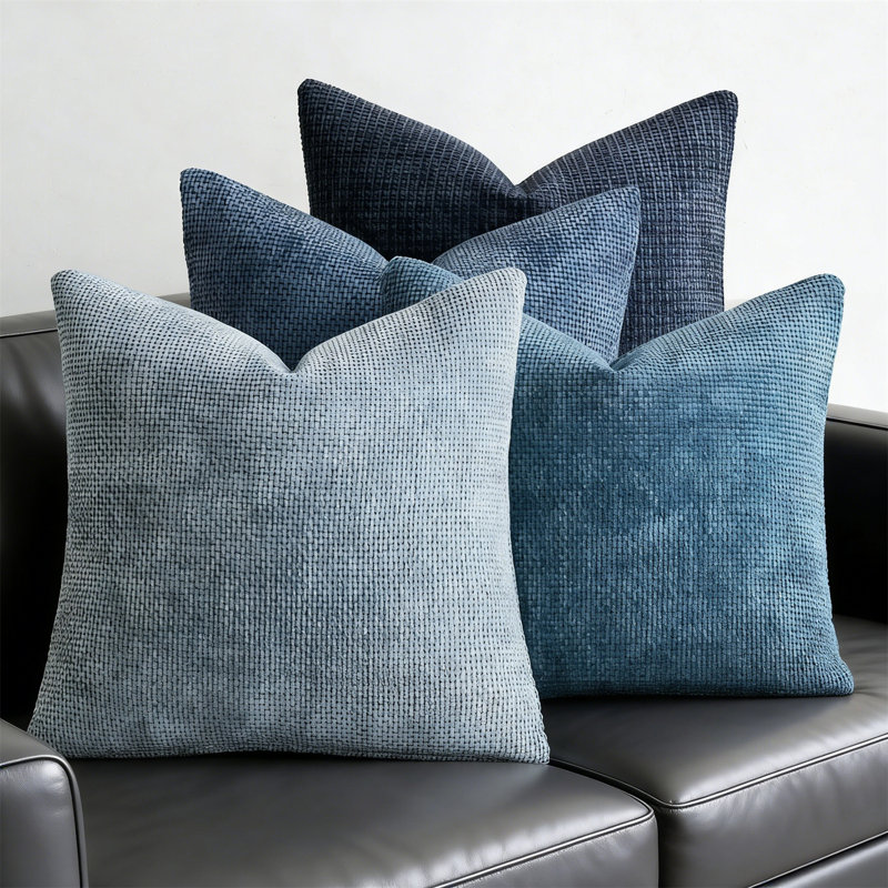 Set Of 4 20X20 Inch Blue Chenille Throw Pillow Covers, Coastal Farmhouse Boho Accent For Sofa, Neutral Blue
