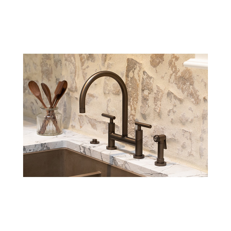 East Linear Kitchen Bridge Faucet with Side Spray, English Bronze, Lever Handle