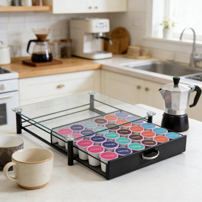 Coffee Capsule Drawer Organizer - Heavy-Duty Iron Construction, Holds 36 K-Cups Or Nespresso Pods, Space-Saving Design With Smooth Sliding Glass Top Drawer
