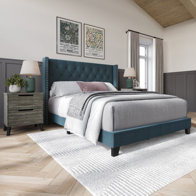 Castle Place King Wingback Bed Set with Two Nightstands, Blue Linen