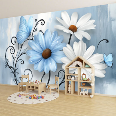 Papier peint auto-adhésif délicates marguerites bleues et blanches, papillons, vignes tourbillonnantes élégantes, papier peint amovible en PVC, H 69 po x l 96 po, pour salon, chambre, bureau à domicile