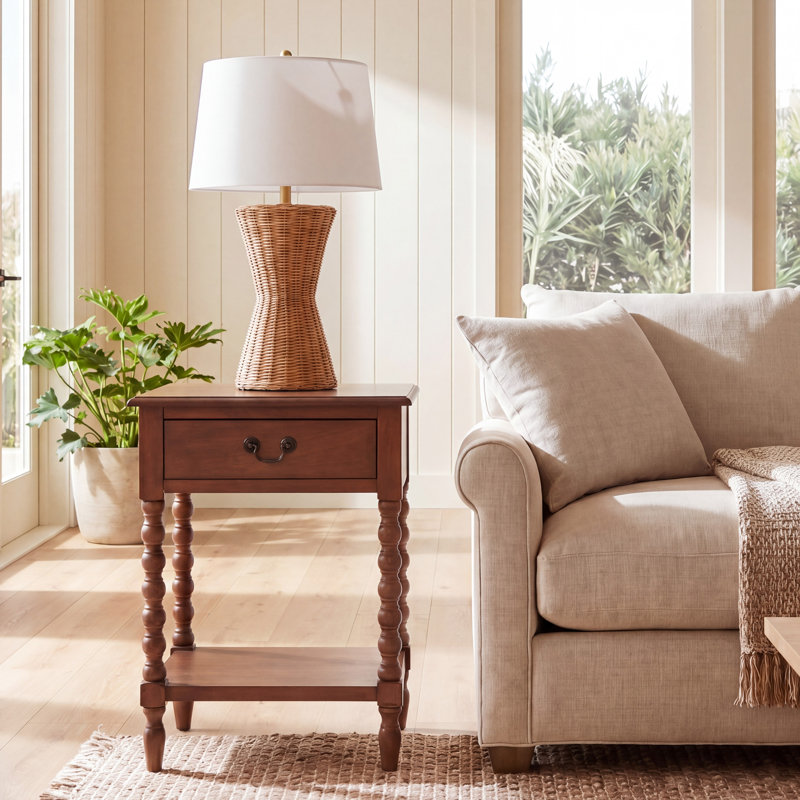 Table de bout Modern Athena Farmhouse - Design en bois massif blanc vieilli avec tiroir de rangement et tablette, Brun