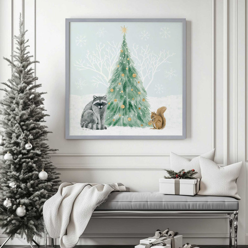 Motif de la faune hivernale avec arbre de Noël II, H 13,75 po x l 13,75 po, Cadre simple en zinc patiné, bois massif