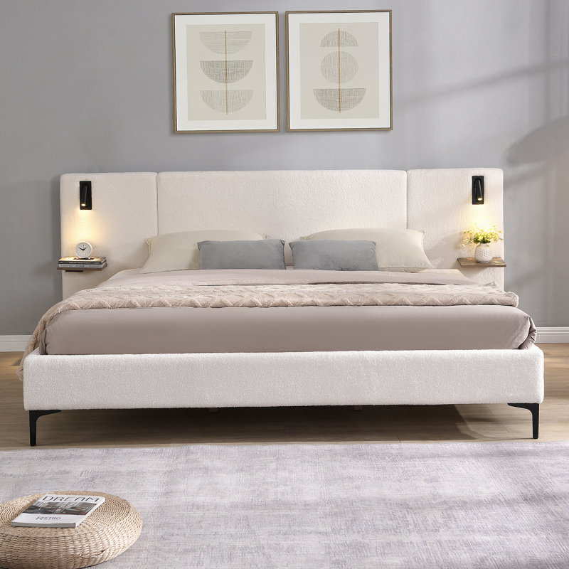Kye Boucle Upholstered Bed with Integrated Lights & Shelves, King, White