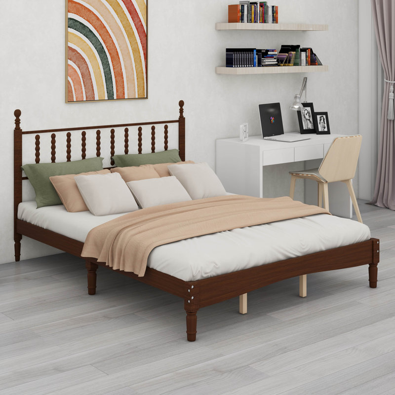 Structure de grand lit, lit plateforme en bois de style rétro avec tête de lit en forme de gourde, support en lattes de bois