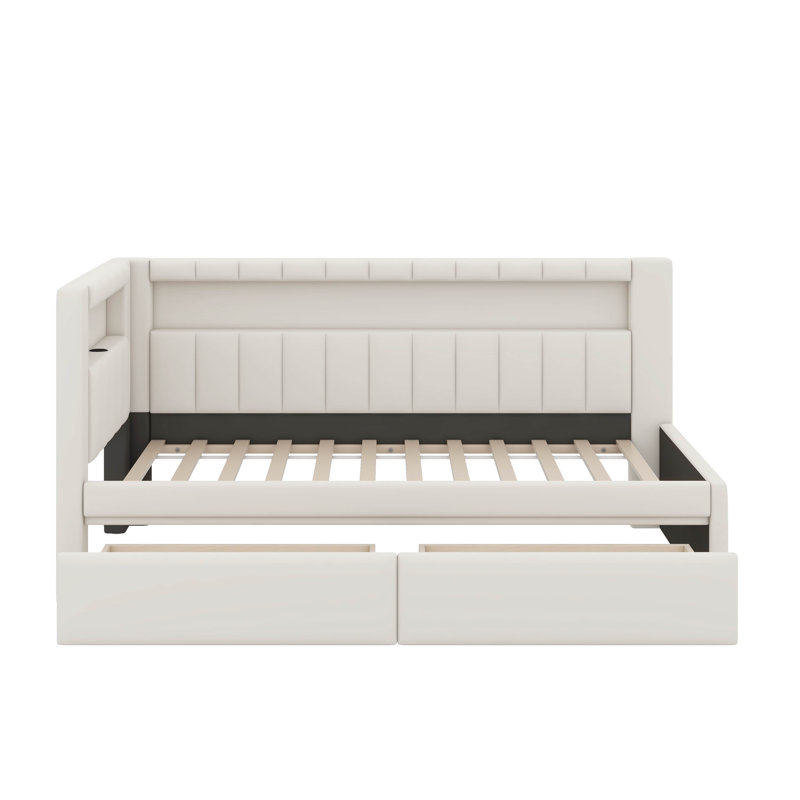 Lit plateforme tapissier simple avec ports USB et 2 tiroirs, Blanc