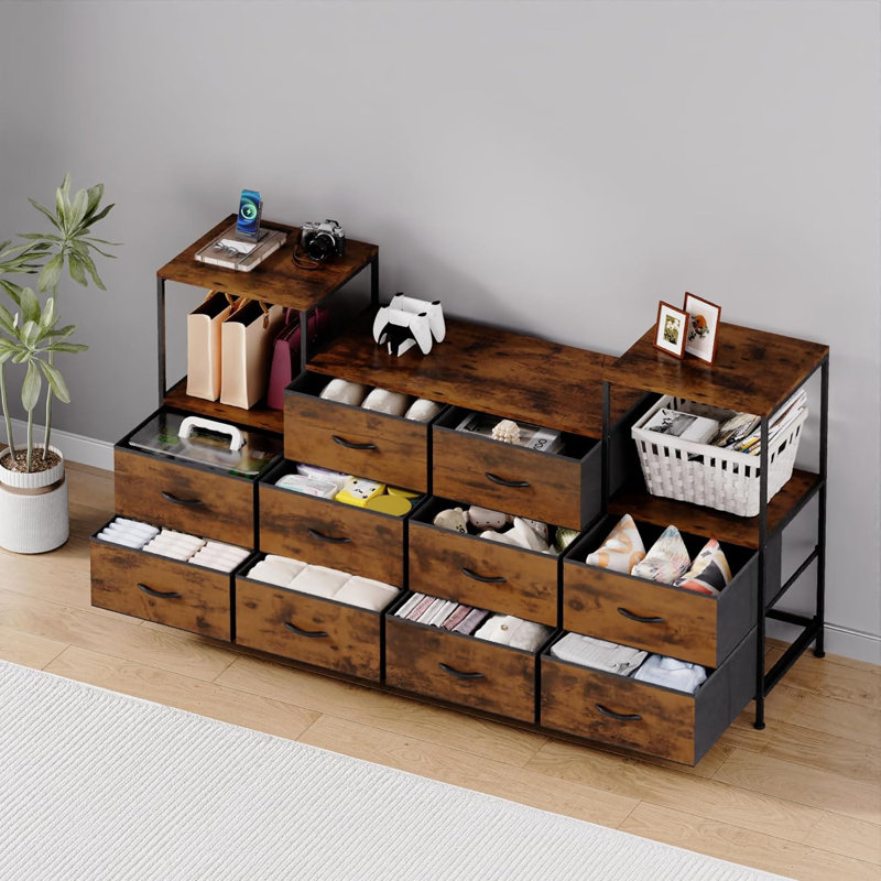 Commode pour meuble télé avec prises de courant et lumière DEL, commode 6 tiroirs avec tablettes pour téléviseur de 45 po, commode en tissu avec finition en polyuréthane, noir