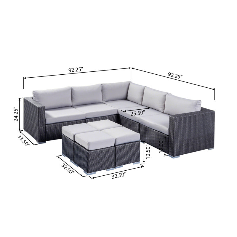 Ensemble de conversation modulaire en rotin 9 pièces avec coussins Jossif, Structure grise / coussins argent