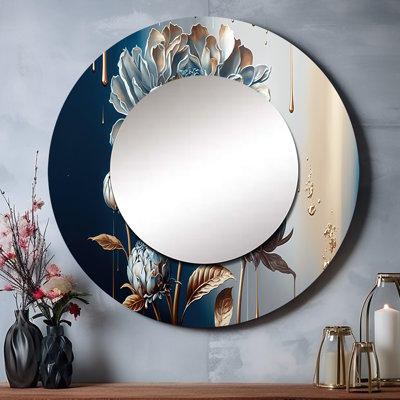 Ice Blue Zinnia Flowers - Floral & Botanical Round Mirror Wall Decor_MTMIR57617