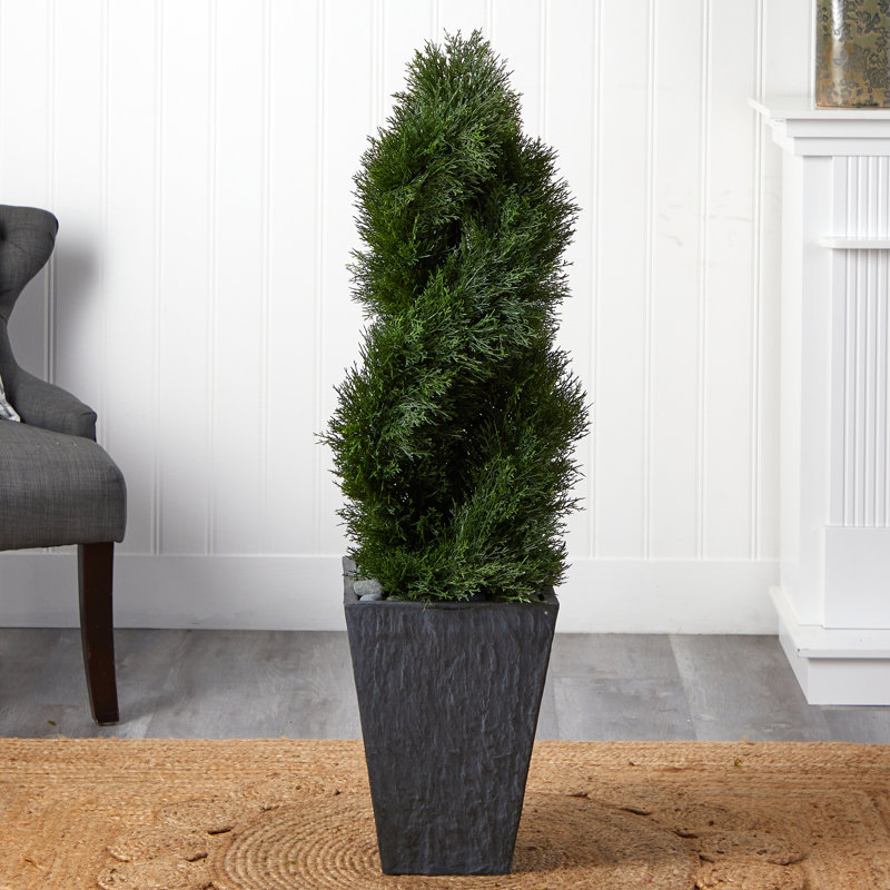 4ft. Cypress Double Spiral Topiary Artificial Tree in Slate Planter UV Resistant (Indoor/Outdoor)