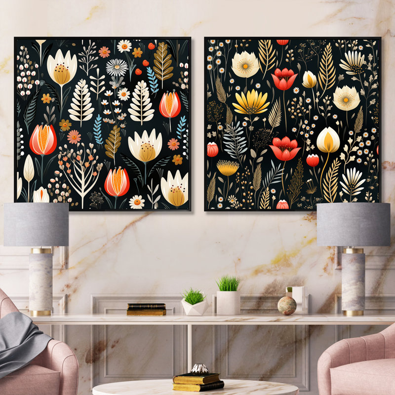 Wenham - Ensemble de 2 collages carrés botaniques abstraits, Cadre flottant noir, H 16 po x l 33 po