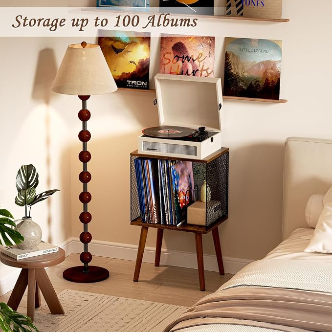 Support pour tourne-disque à 3 niveaux, support pour tourne-disque avec rangement jusqu'à 200 albums, support pour disque en vinyle avec cloison réglable