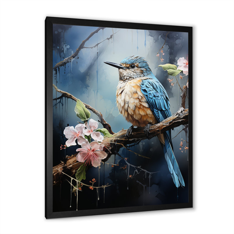 Oiseau bleu murmures au clair de lune V - Art mural oiseau, Cadre simple noir, H 40 po x l 30 po x P 1,5 po
