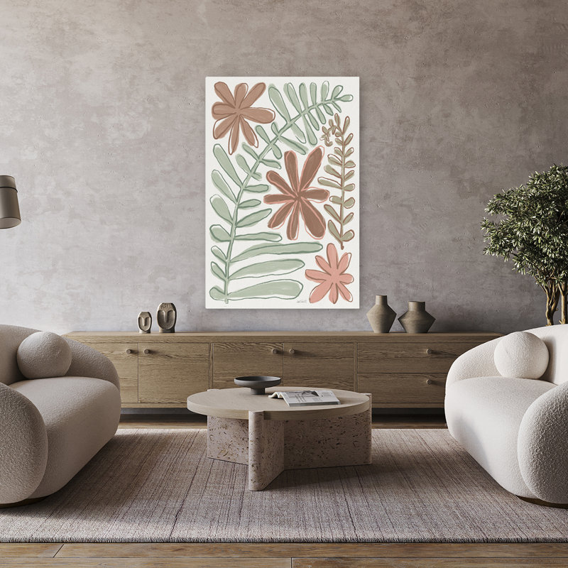 Fougère et lignes florales modernes brun crème moderne, H 48 po x l 32 po