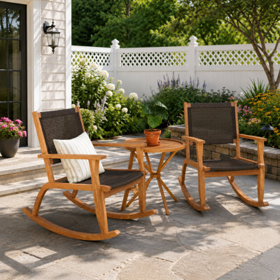 Ensemble de 2 chaises berçantes de patio en bois d'acacia avec rotin tissé respirant, chaises berçantes d'extérieur toutes saisons pour porche et terrasse