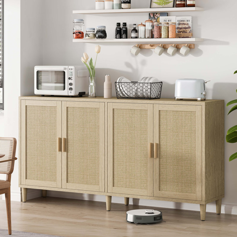 Buffet en rotin avec rangement, tablettes réglables, Naturel