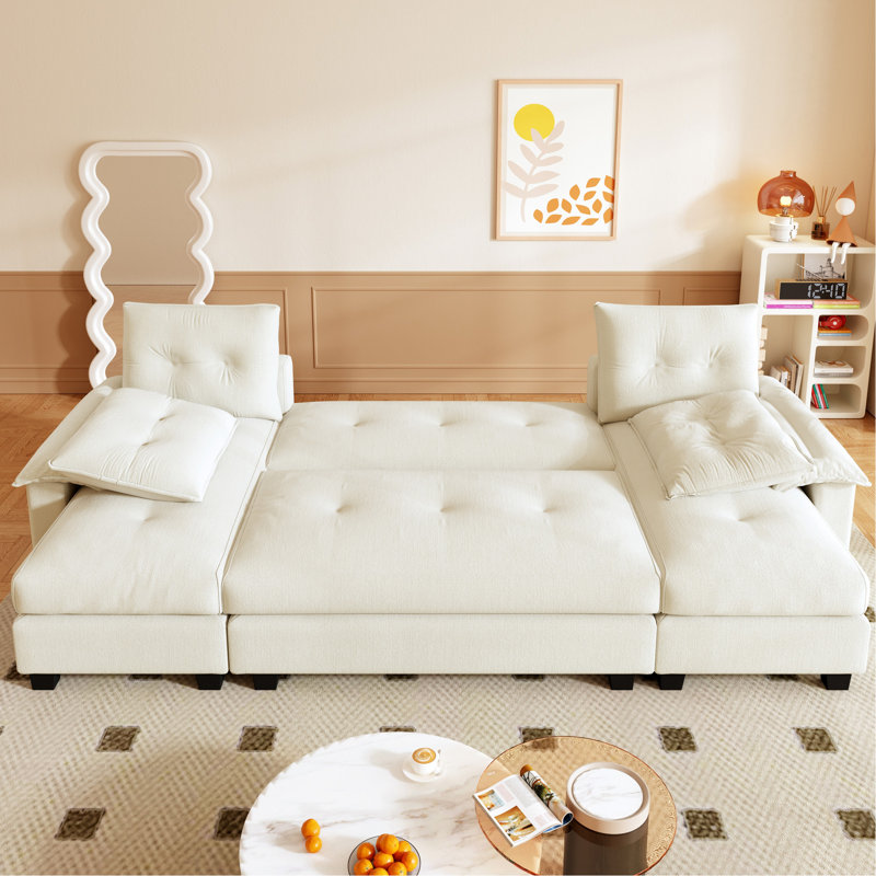 Canapé-lit en forme de U de 266 cm (104,7 po), canapé multifonctionnel 3 en 1 avec lit gigogne amovible, chargeur intégré, 4 oreillers, revêtement en chenille beige/blanc, compatible avec les prises d'appartement, tissu orange