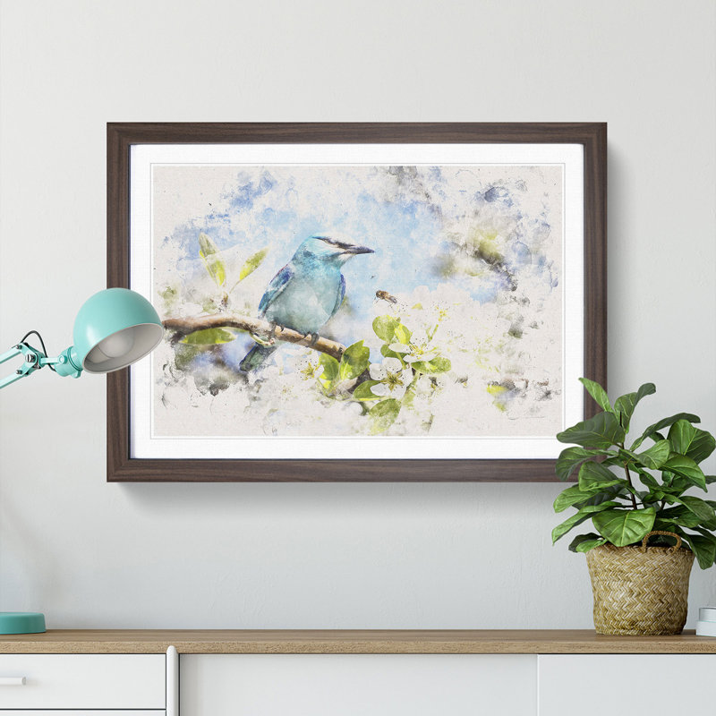 Blue Bird and Cherry Blossom Tree - Picture Frame Graphic Art Print, Walnut Framed, 40cm H x 60cm W x 2cm D
