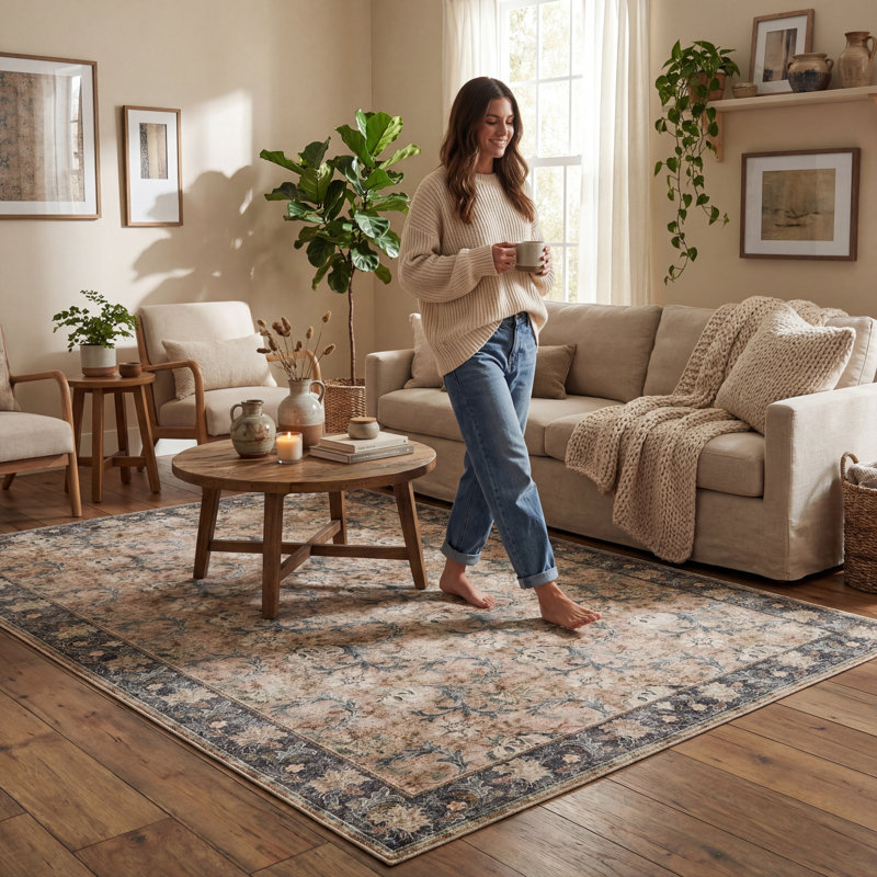  Carivelle Floral & Paisley Washable Rug, Ivory, Rectangle 8'6" x 11'6"
