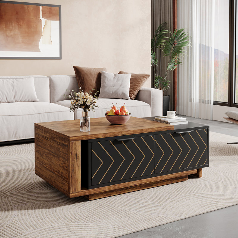 Extendable Coffee Table With 2 Storage Drawers, Dual-Tone Center Table With Sliding Tabletop, Brown/Black