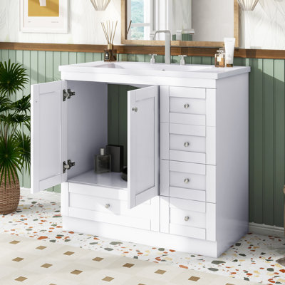 Meuble-lavabo autoportant de style Shaker de 36 po avec lavabo et tiroirs en résine Adler