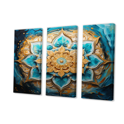 " Divine Mandala In Vintage Gold And Turquoise I " 3 - Pieces