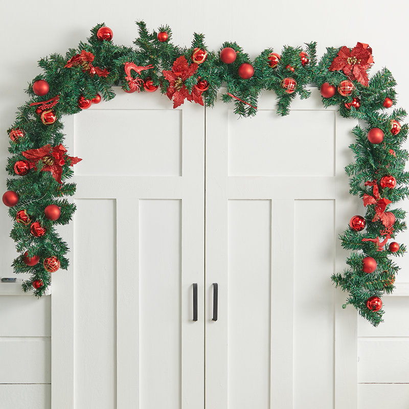270cm Lighted Faux Poinsettia Garland with Lights
