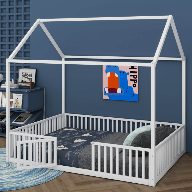 Keisha Metal House Bed with Fence, Full, White