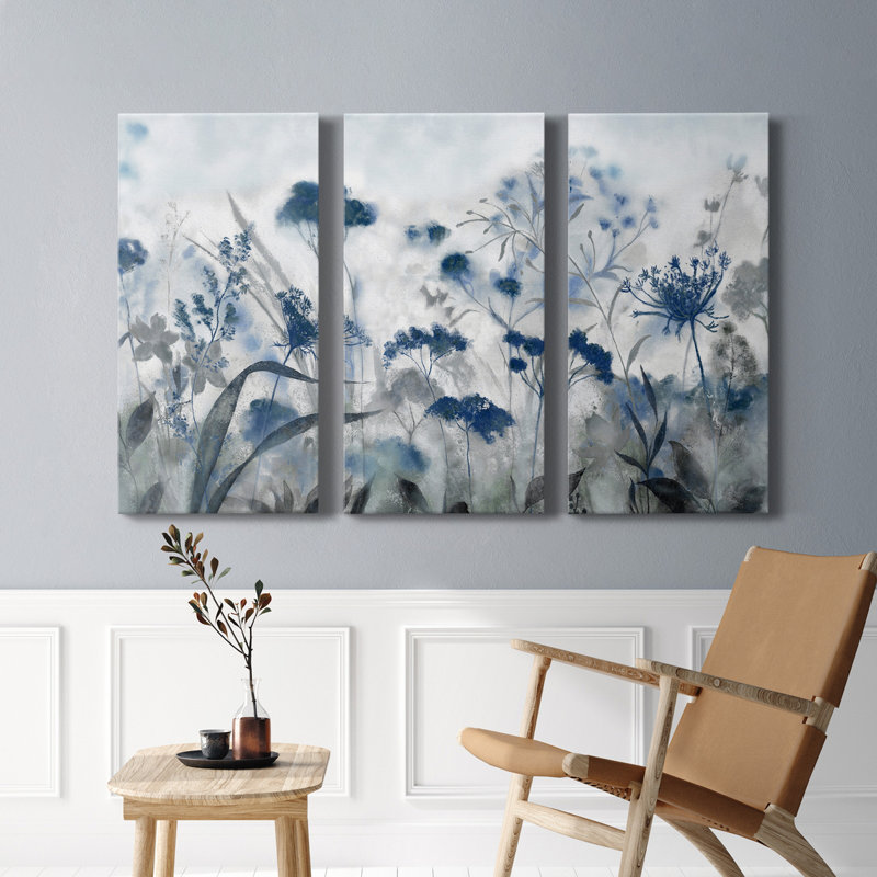 Indigo Inky - peinture sur toile tendue 3 pièces, H 18 po x l 36 po x P 1 po