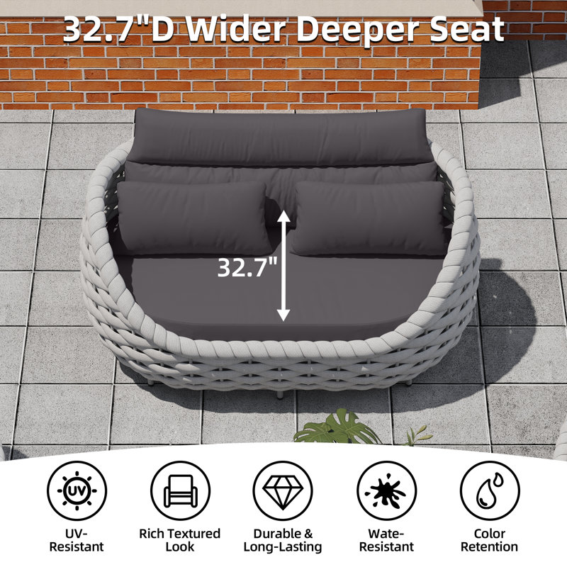 Fully Assembled Altuminum Frame PVC-coated polyester Rope  6 - Person Outdoor Seating Group With Cushions And Round 14.2'' Coffee Table with Pattern Tile Tabletop for Patio Porch Balcony Terrace Garden