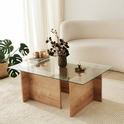 Table basse moderne, chêne saphir, 41,3 po x 15,7 po x 25,6 po | 100% plateau en verre trempé et 100% panneau de particules recouvert de mélamine | Design scandinave élégant pour le salon et les espaces contemporains