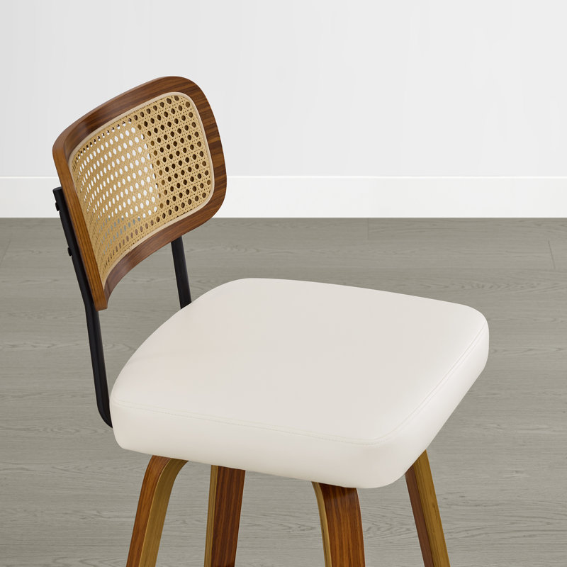 Upholstered Swivel Counter Stool with Walnut Bentwood Frame, White, 2