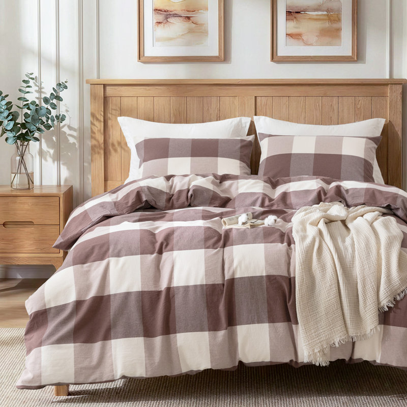 Ensemble de housse de couette en coton délavé à carreaux Buffalo brun et crème Buffalo, Coffee Brown/White