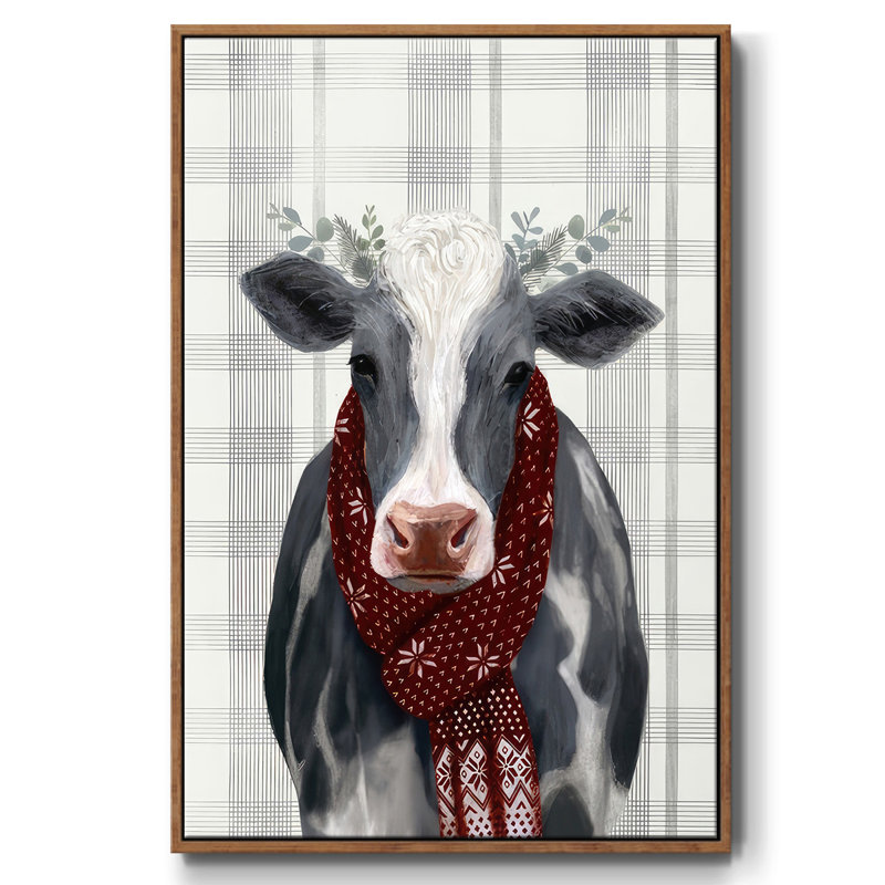Toile tendue avec châssis Yuletide Cow II, H 25 po x l 17 po x P 1,5 po, Cadre flottant noyer