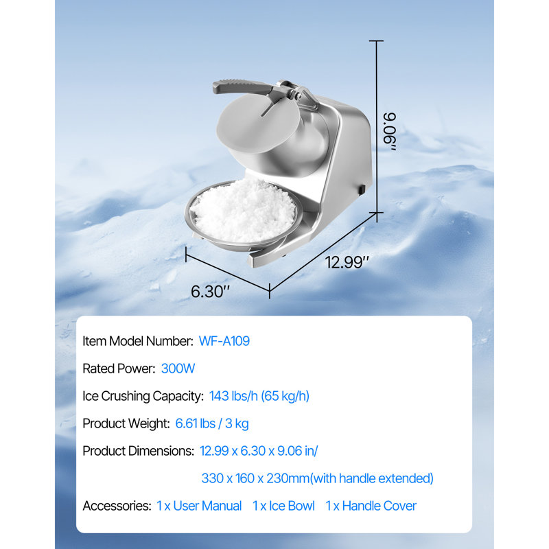 Commercial Ice Crusher 143LBS/H Electric Snow Cone Maker Shaved Ice Silver