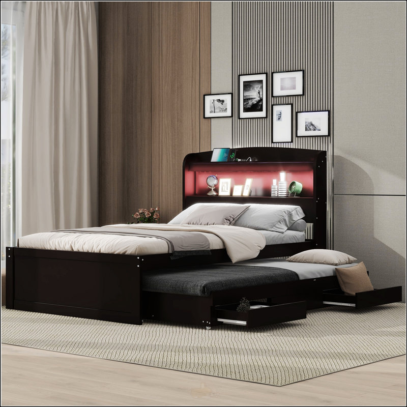 Lit plateforme simple TG avec tête de lit à DEL, Marron foncé