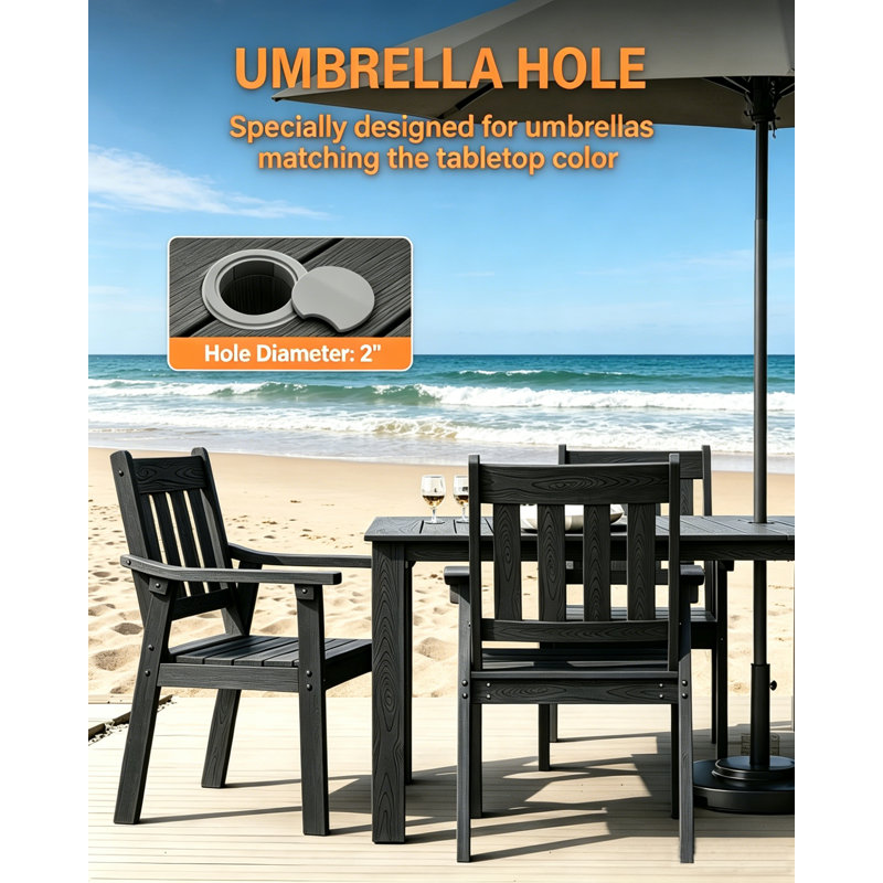 All Weather Outdoor Dining Set for 6 Person HIPS 7 Pieces Patio Dining Sets with Umbrella Hole Patio Furniture Modern Plastic Outdoor Dining Table and Chair Set for Lawn, Backyard, Porch, Deck, Black