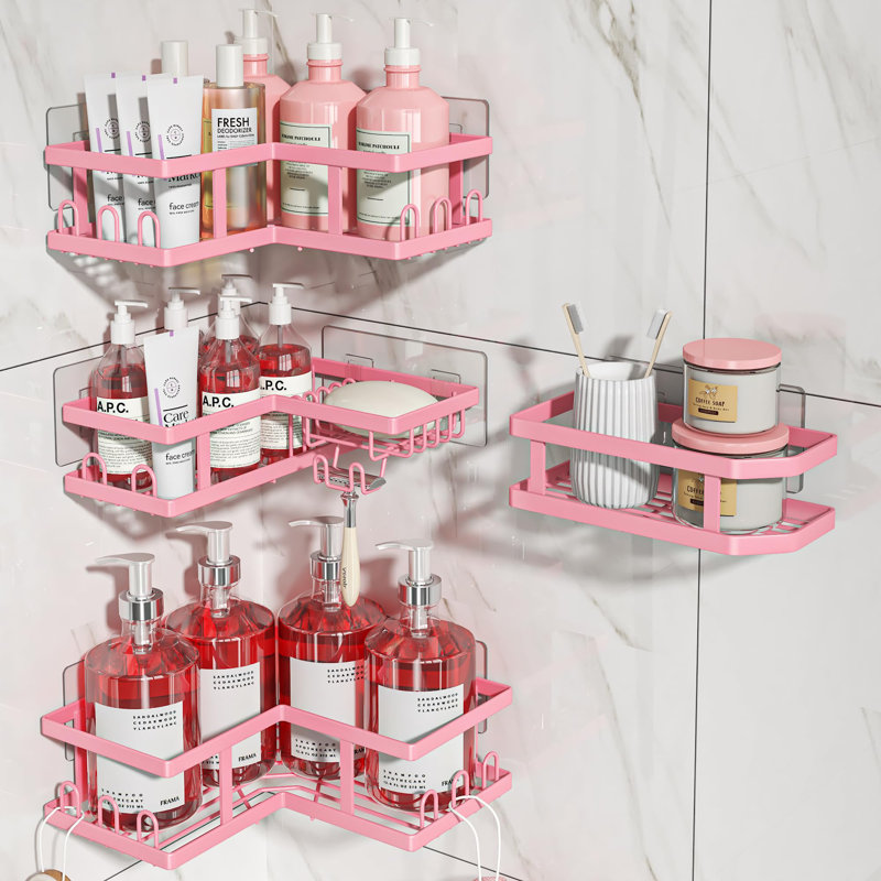 Ensemble de 4 pots de douche de coin adhésifs avec porte-savon, Rose
