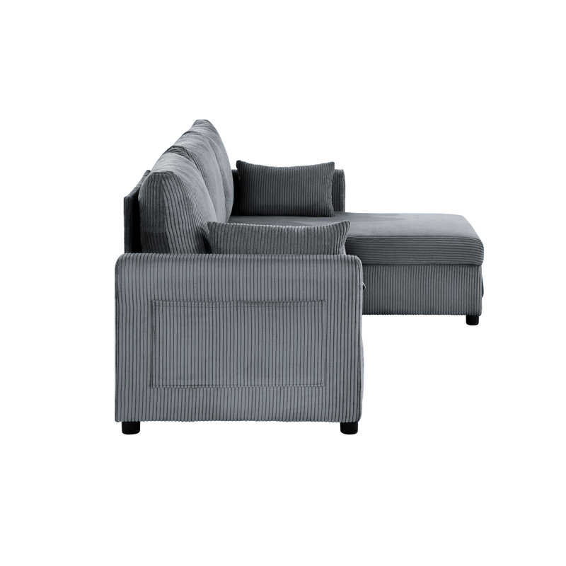 85" Pull Out Sleeper Sofa Bed, L-Shaped Corduroy Sectional with Hidden Storage Chaise for Small Spaces, Gray