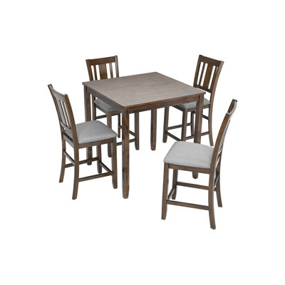 5 Piece Dining Table Set, Wooden Dining Square Table Set for 4, Counter Height Kitchen Table Set with Square Table and 4 Upholstered Chairs for Small Space, Walnut