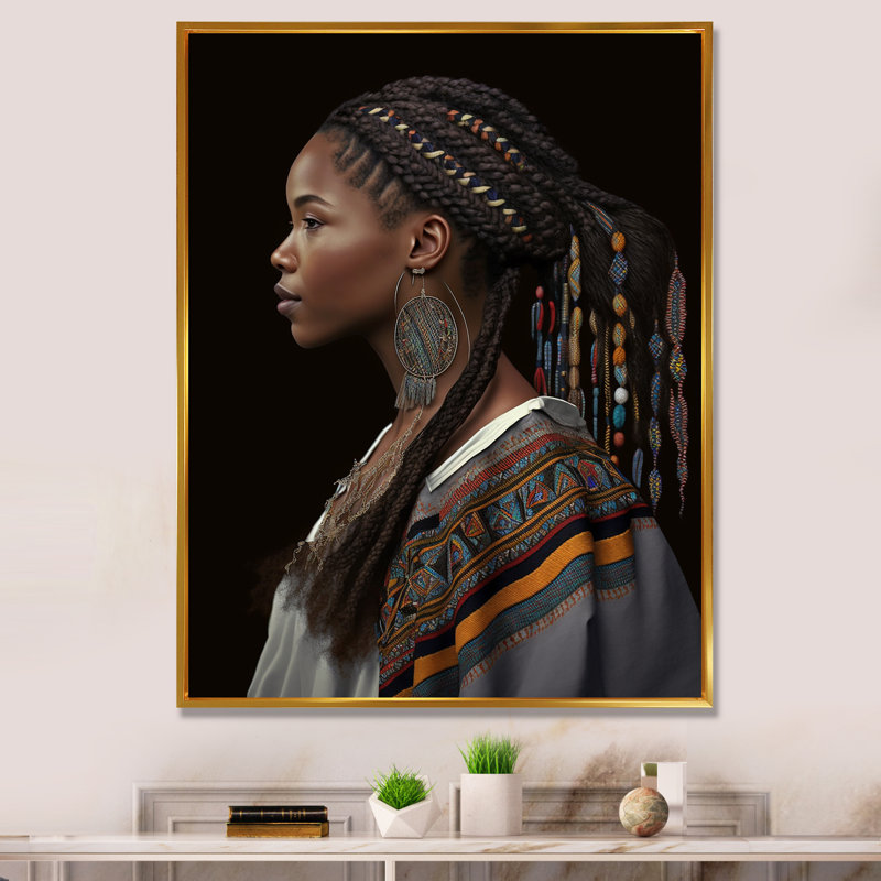 Femme afro-américaine, vêtements traditionnels V sur toile, H 20 po x l 12 po x P 1 po, Cadre flottant doré
