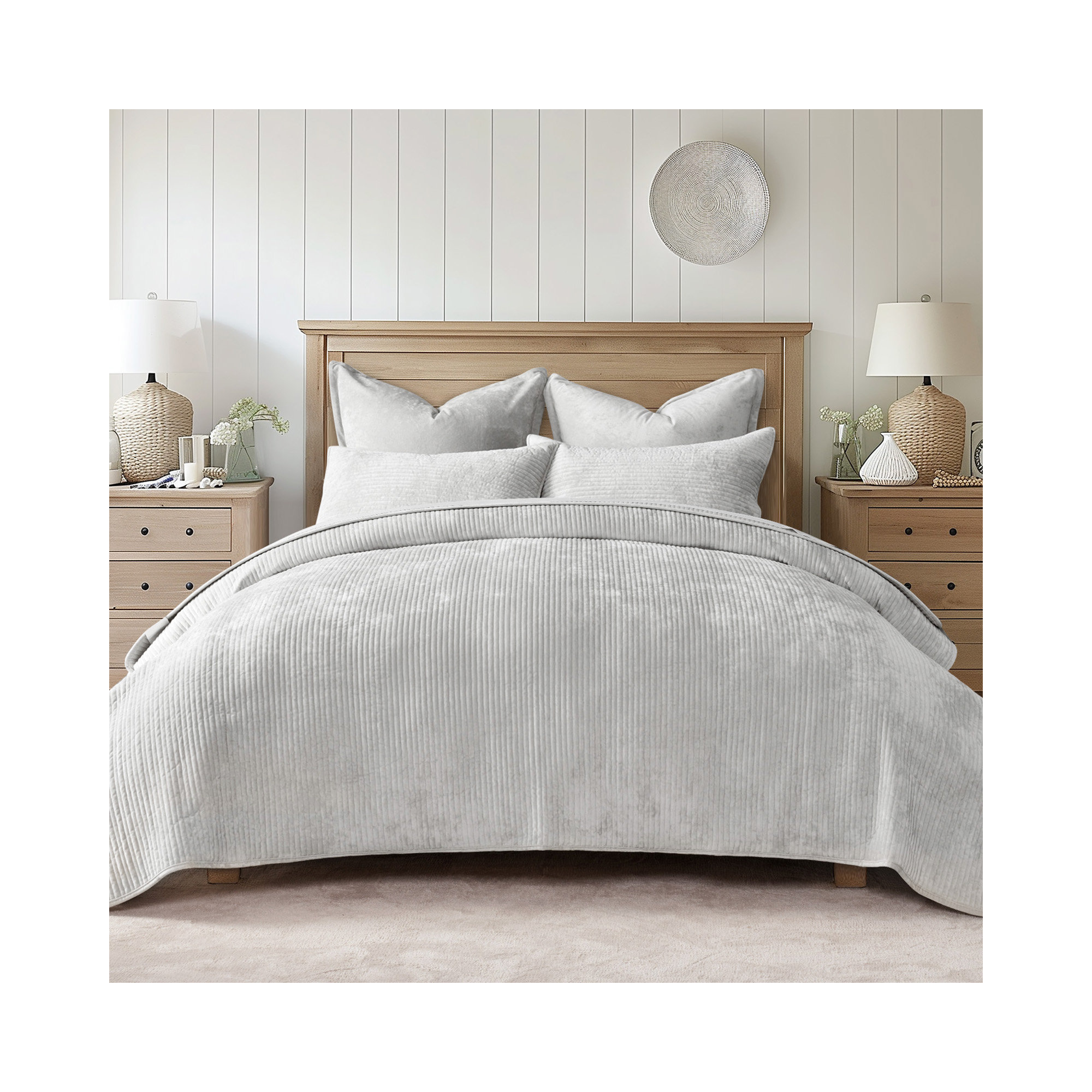 Striped Channel Velvet Quilt Set, Queen, Frost Gray