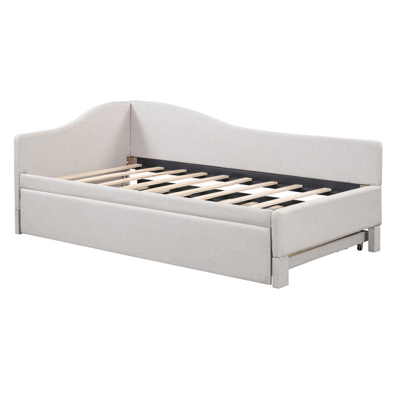 Lit de jour simple tapissier en L rembourré en forme de L avec lit gigogne, Beige