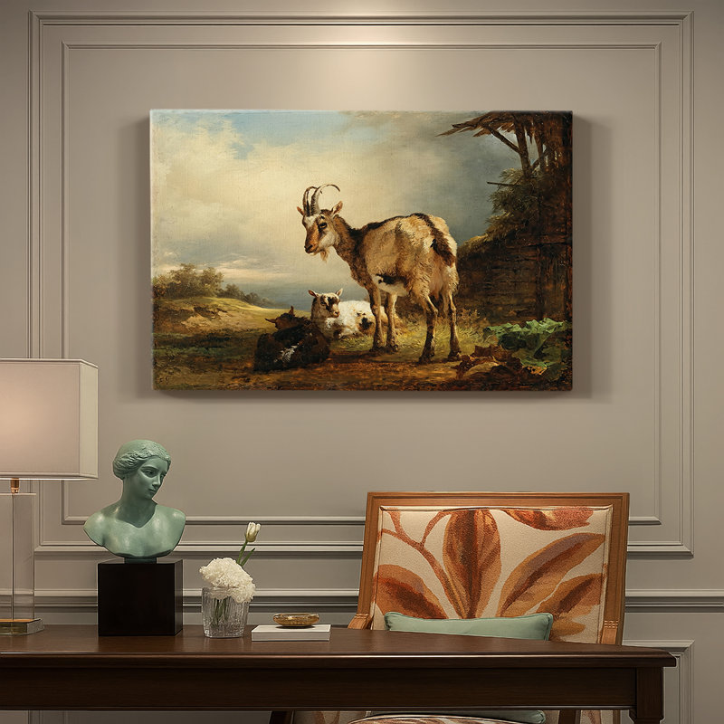 Chèvres dans un paysage - Peinture sur toile tendue par Gauermann - c. Milieu du 19e siècle, 12 x 18