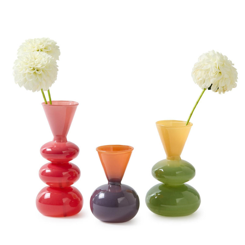 Ensemble de 3 vases en verre soufflé à la main Colorito Glass, 21,5 cm de hauteur, aux couleurs rouge, vert et bleu mélangés.