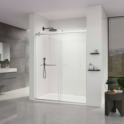 56-60*76 INCH Double Sliding Frameless Soft-Close Shower Door with Premium (8mm)Thick Tampered Glass and Easy-Cleaning Coating In --Brushed Nickel