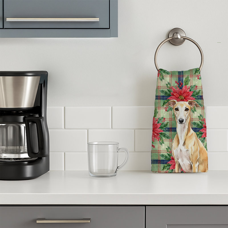Fawn Whippet Christmas PoinsettIas Kitchen Towel, Fawn Whippet