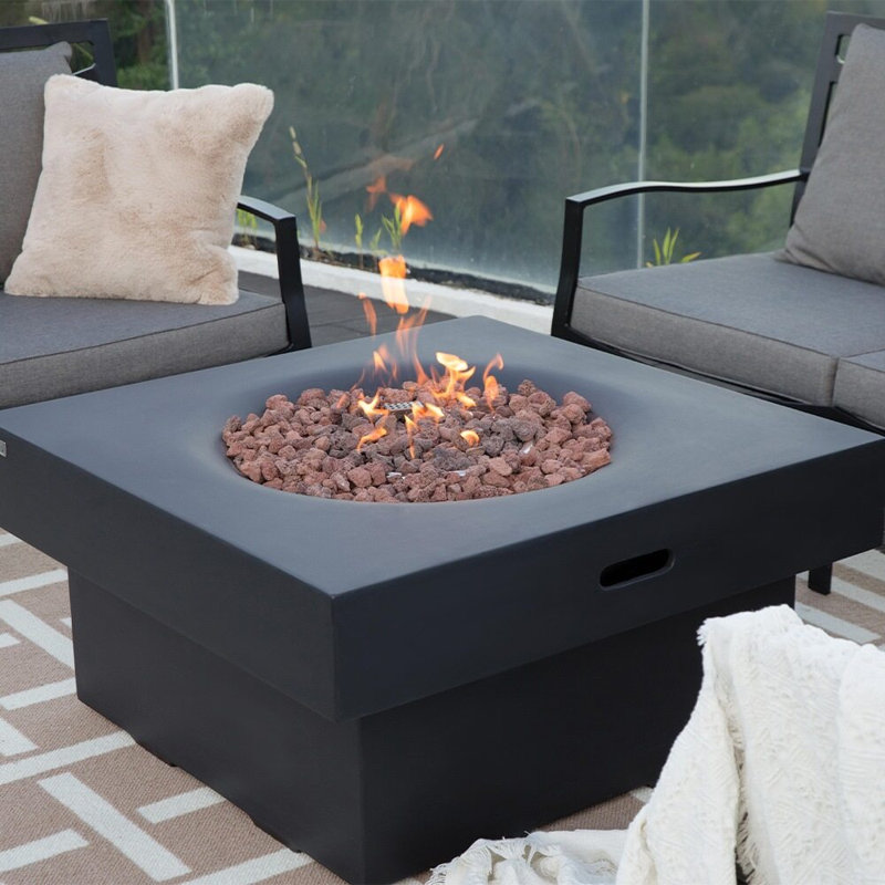 Aswith 34" Outdoor Concrete Fire Pit 50,000 BTU - Includes Lava Rocks & PVC Cover, Black, Natural Gas
