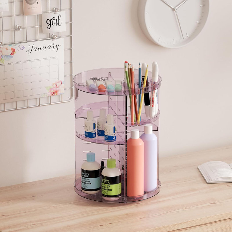 Organisateur de maquillage rotatif à 360 degrés avec 8 couches réglables, tour de carrousel de rangement pour les soins de la peau, comprend un porte-brosse et des plateaux de parfum, une vitrine de maquillage pour meuble-lavabo ou salle de bain