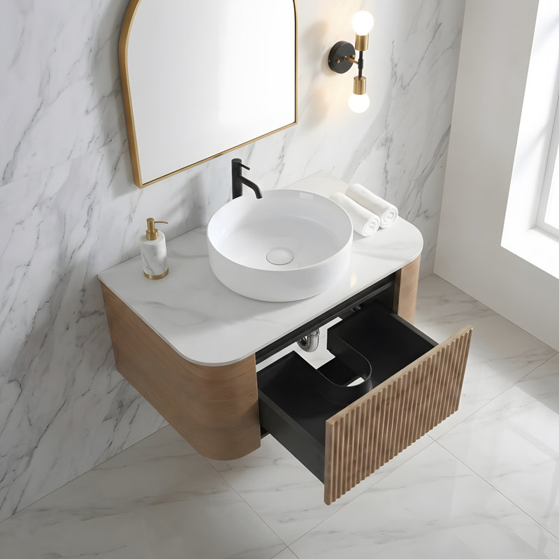 Meuble-lavabo mural de 76 cm (30 pouces) avec lavabo rond blanc rayé et tiroir de rangement, Honey Oak, 30, Blanc